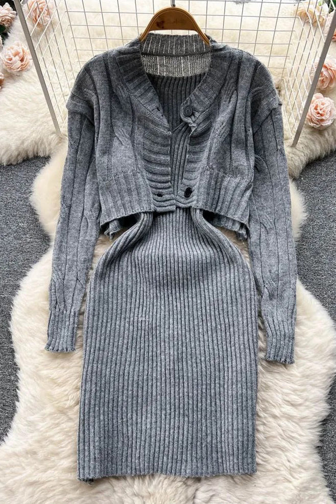 Chic Bodycon Mini Dress with Full Sleeve Cardigan Set