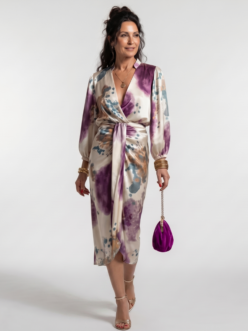 Watercolor Print V-Neck Long Sleeve Wrap Midi Dress