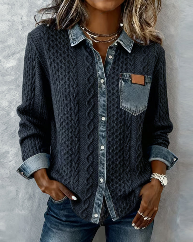 Collared Button Front Cable Knit Denim Contrast Shirt 11