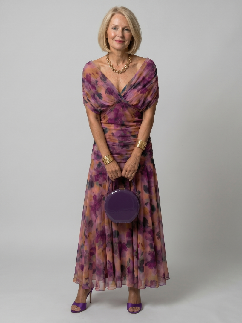 Floral Off Shoulder Ruched Chiffon Maxi Dress