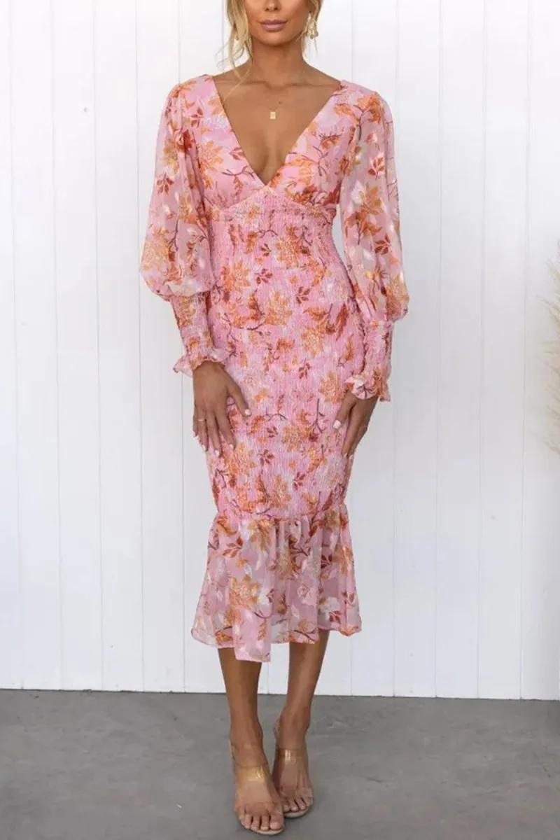 Floral Print Deep V-Neck Bishop Sleeve Ruffle Hem Mermaid Midi Dress - View 7