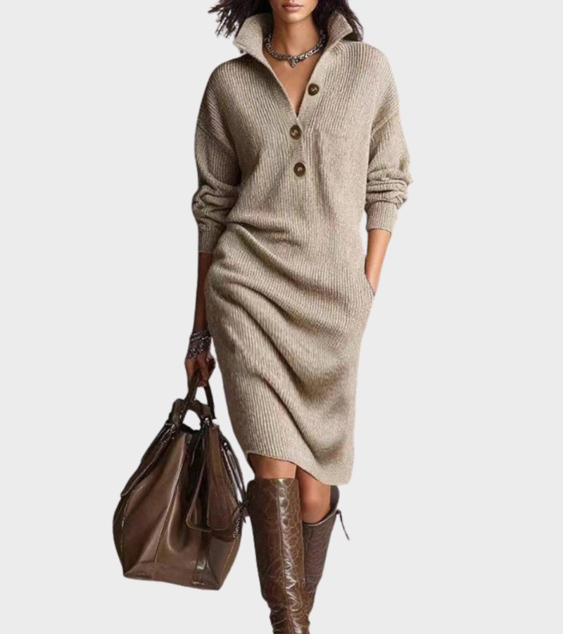 Button Placket Collared Long Sleeve Ribbed Knit Midi Dress