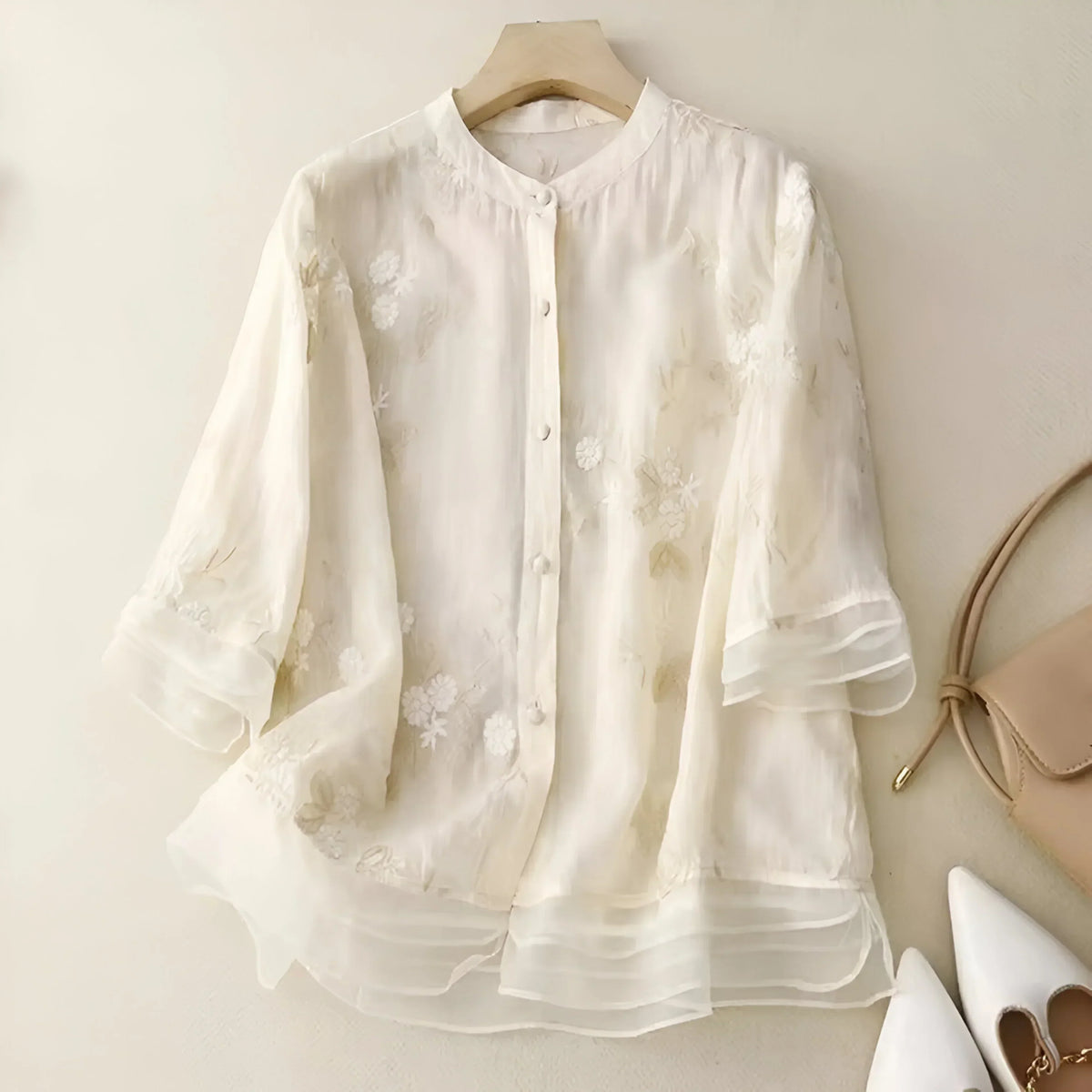 Stand Collar Floral Embroidered Sheer Button Front Blouse 6