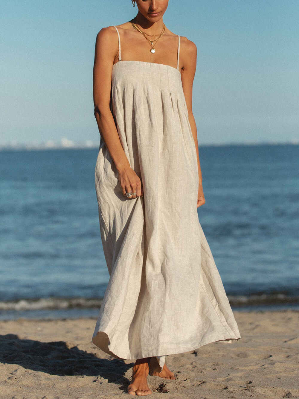 Offshore Pleated Strappy Linen Maxi Dress - Fashionpara