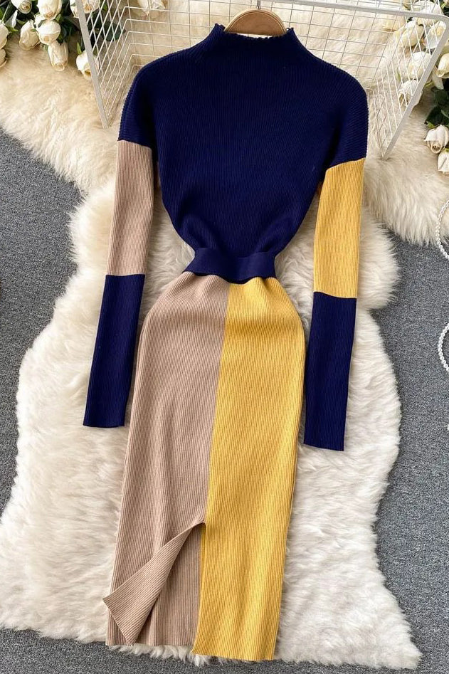 Elegant Knitted Patchwork Sweater Dress with Belt