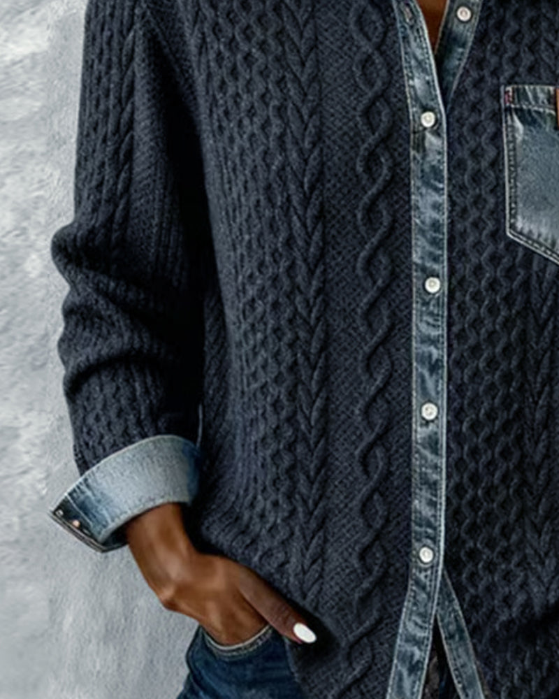 Collared Button Front Cable Knit Denim Contrast Shirt 12