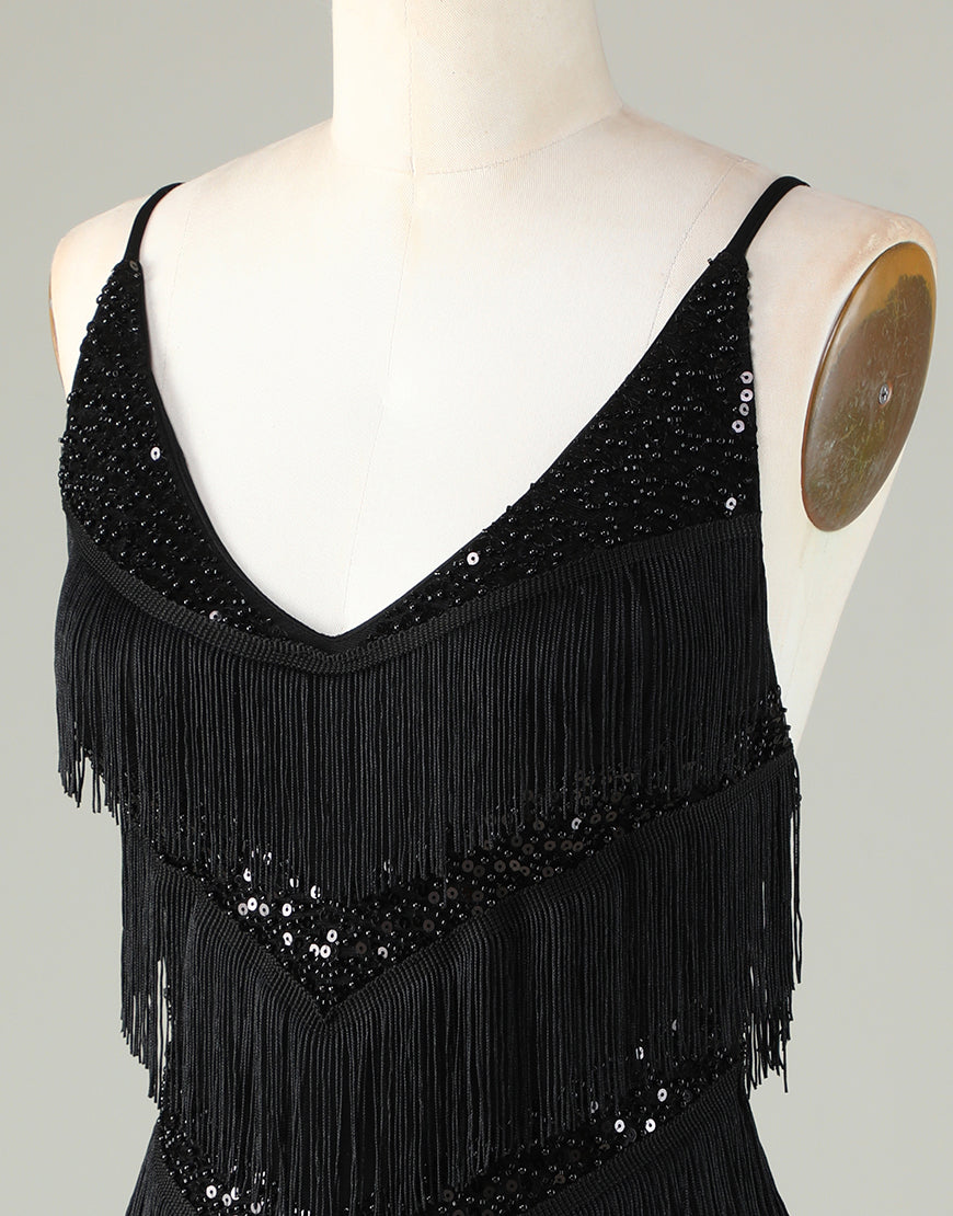 Gorgeous Black V-Neck Tight Tassel Homecoming Dress - Fashionpara