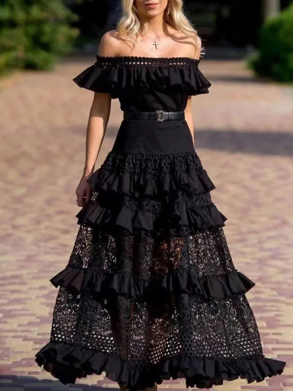One-Shoulder Ruffled Hollow Swing Lace Patchwork Long Dress - Fashionpara