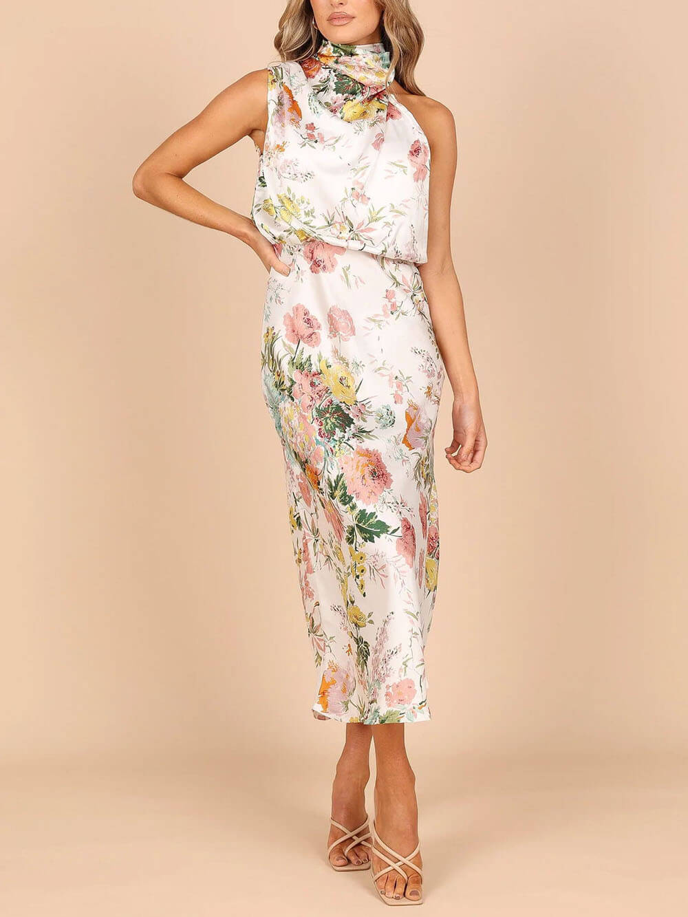 Floral Halter Neck Elastic Waist Maxi Dress - Fashionpara