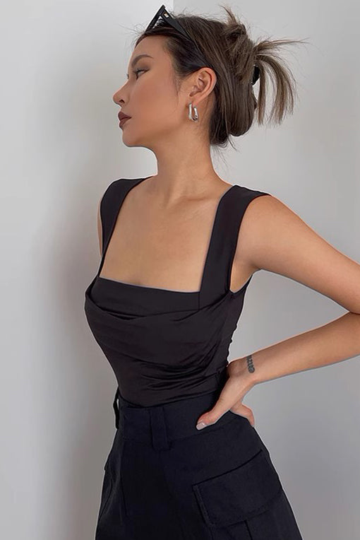 Sleeveless Pleated Suspender Square Collar Vest Tank Top