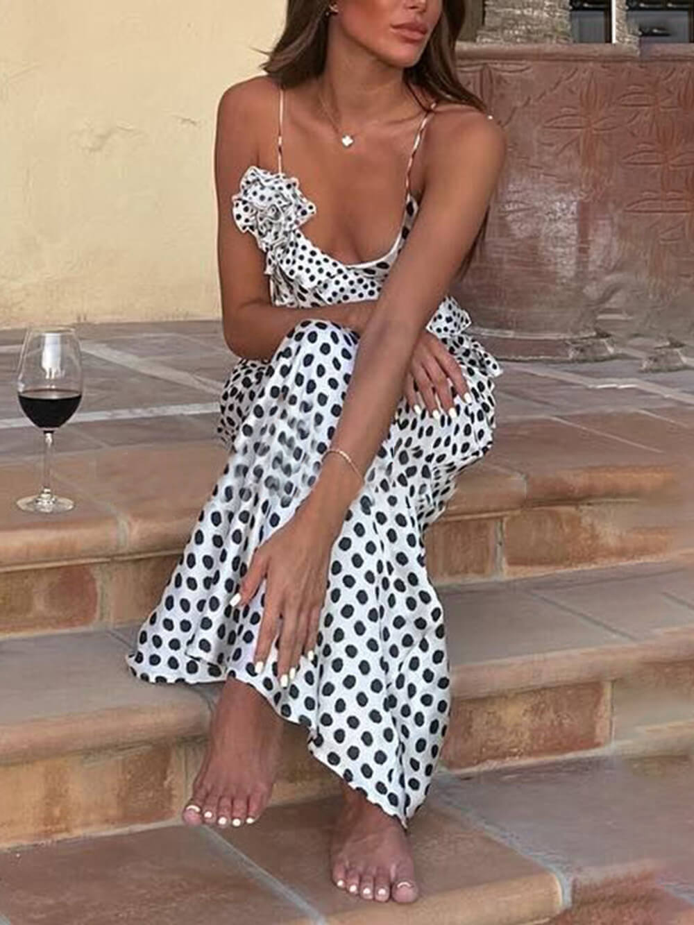 Fantasy Polka Dot Print Guipure Ruffled Suspender Maxi  Dress - Fashionpara