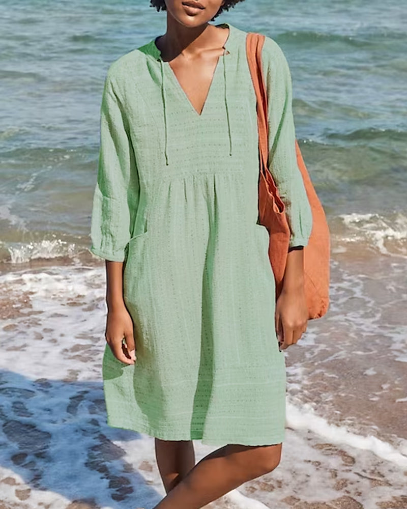 Textured Dot Stripe V-Neck Tie Neck Three Quarter Midi Dress - View 2