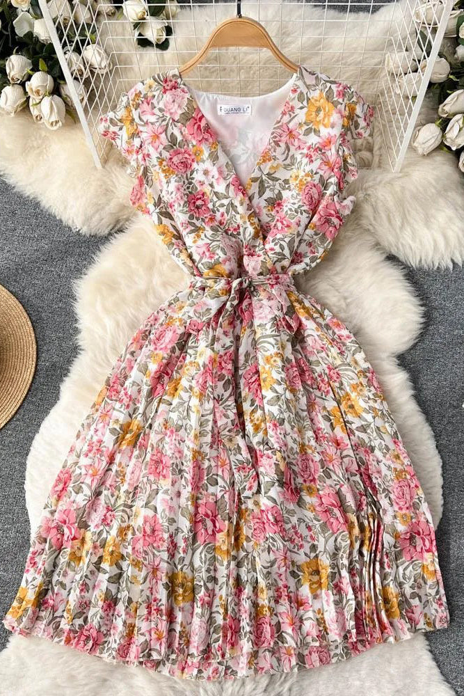 Romantic Chiffon Party Dress Elegant Bandage Floral Print Dress