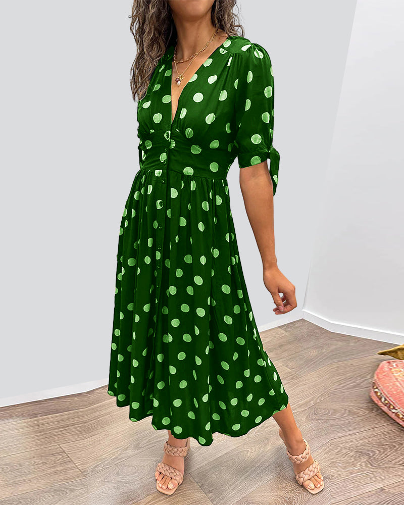 Polka Dot Deep V-Neck Button Front Puff Sleeve Tie Cuff Midi Dress - View 6
