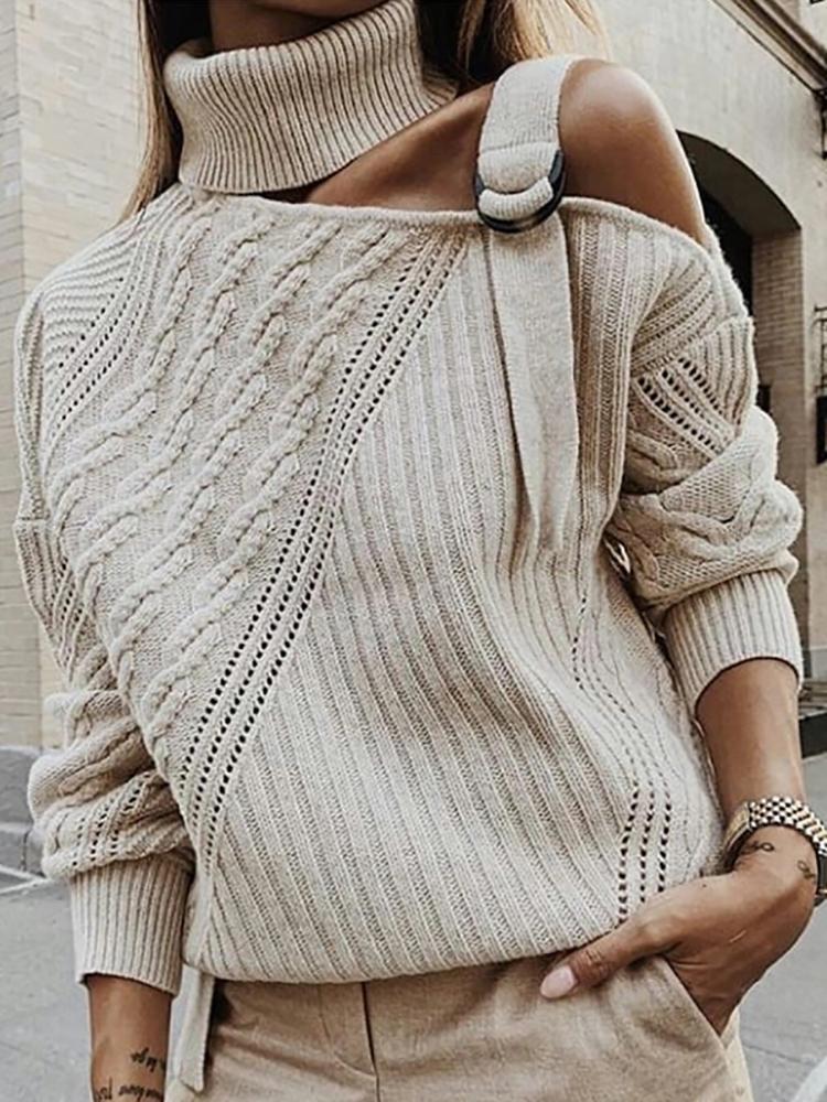 Florcoo Elegant Apricot Turtleneck Patchwork Sweater