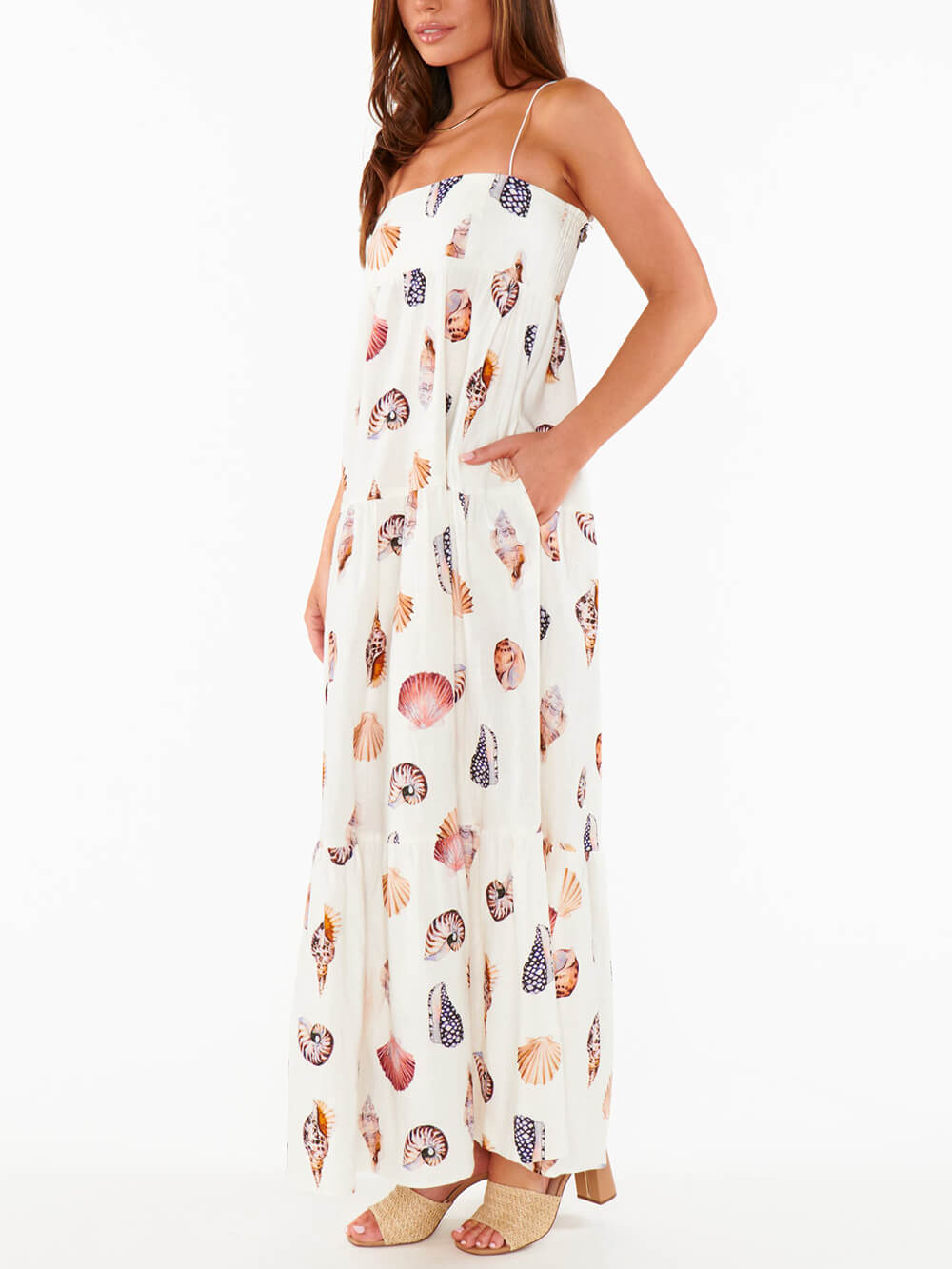 Unique Shell Conch Print Pleated Pockets Lightweight Maxi Dress - Fashionpara