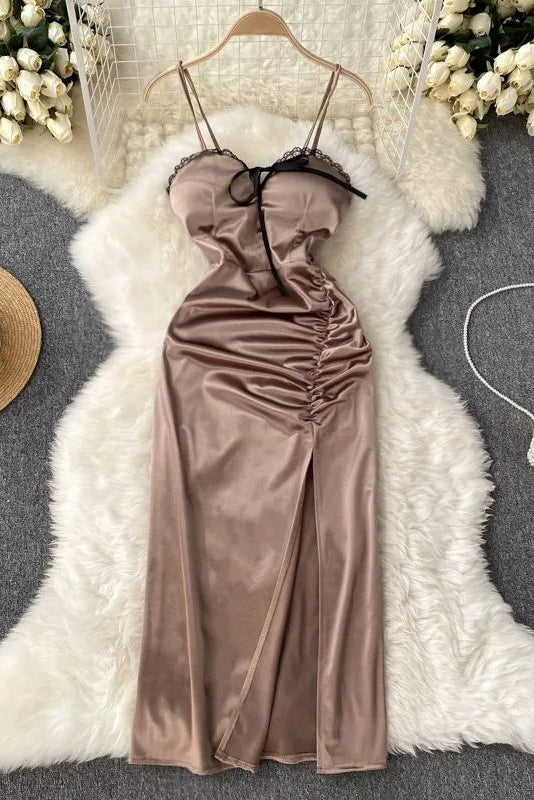 Romantic Satin Bodycon Party Dress Waist Ruched Split Gothic Lace Patchwork Long Dress