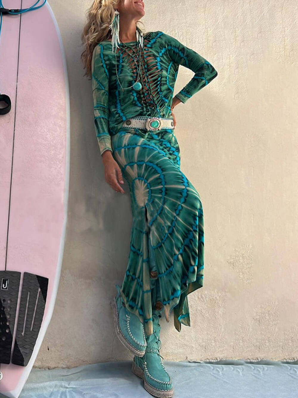 Tie-Dye Print High Rise Stretch Slit Skirt - Fashionpara