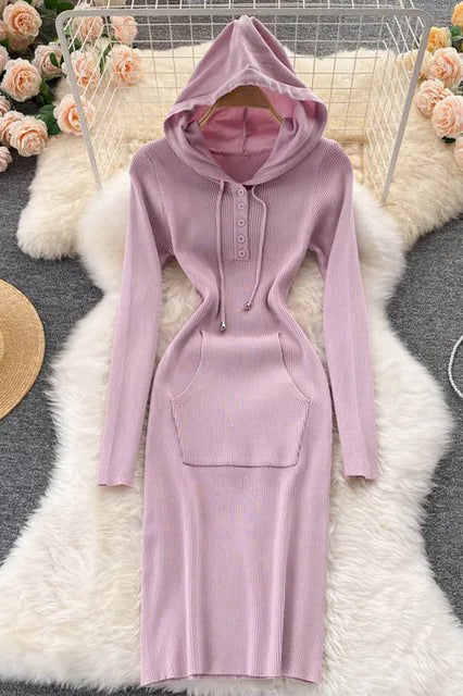Orro Shop Hooded Buttoned Bodycon Knitted Sweater Dress