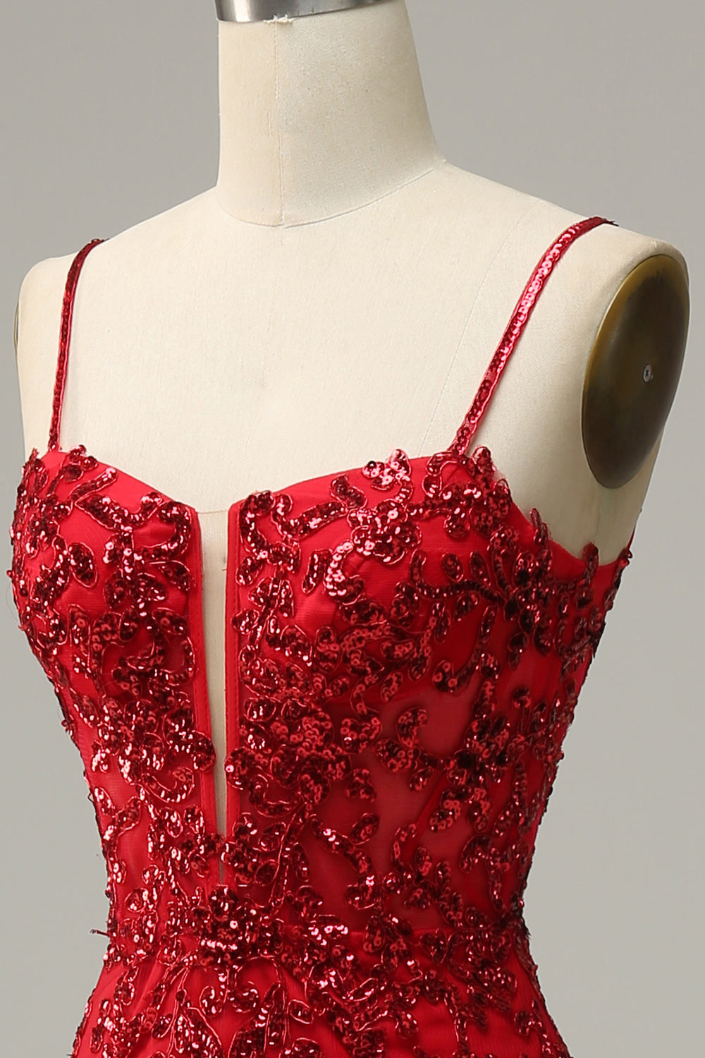 Mermaid Spaghetti Straps Red Sequins Long Prom Dress with Split Front - Fashionpara