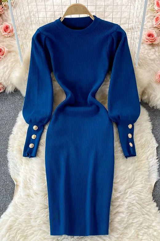 Elegant Puff Sleeve Knitted Sweater Dress for Chic Style