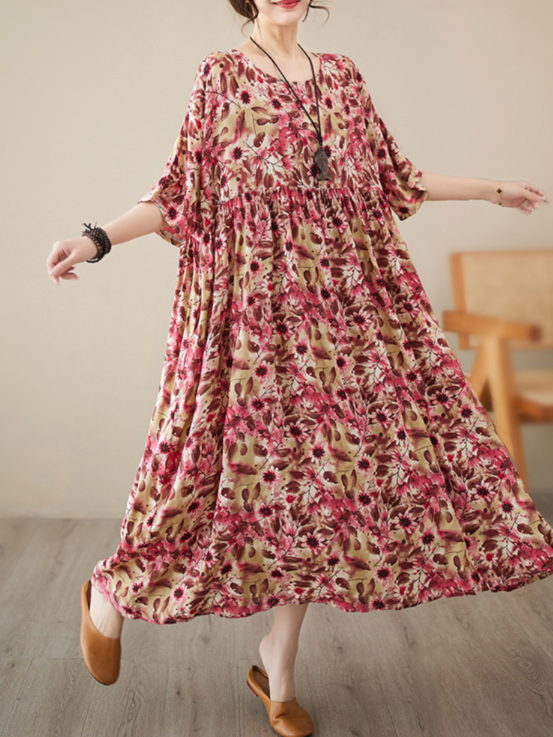 Sunflower Floral Round Neck Half Sleeve Smock Maxi Dress 2