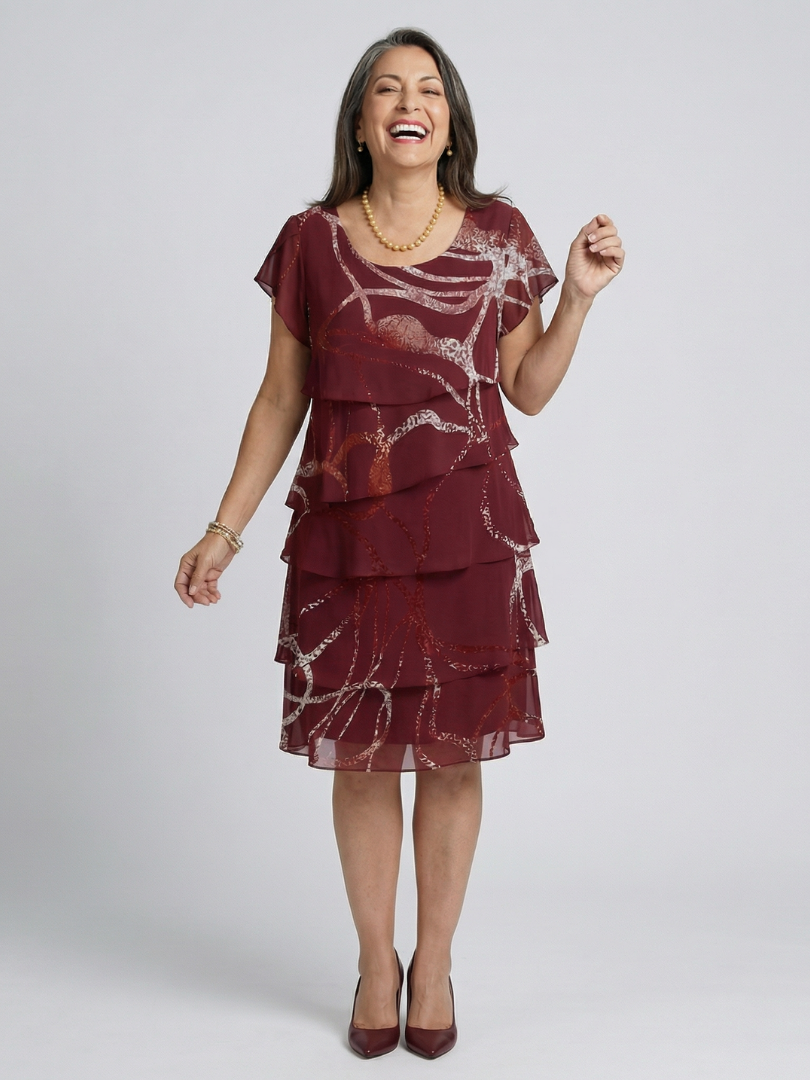 Scoop Neck Short Sleeve Abstract Print Tiered Midi Dress