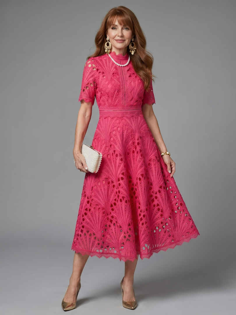 Eyelet Lace Mock Neck Short Sleeve Fit and Flare Midi Dress