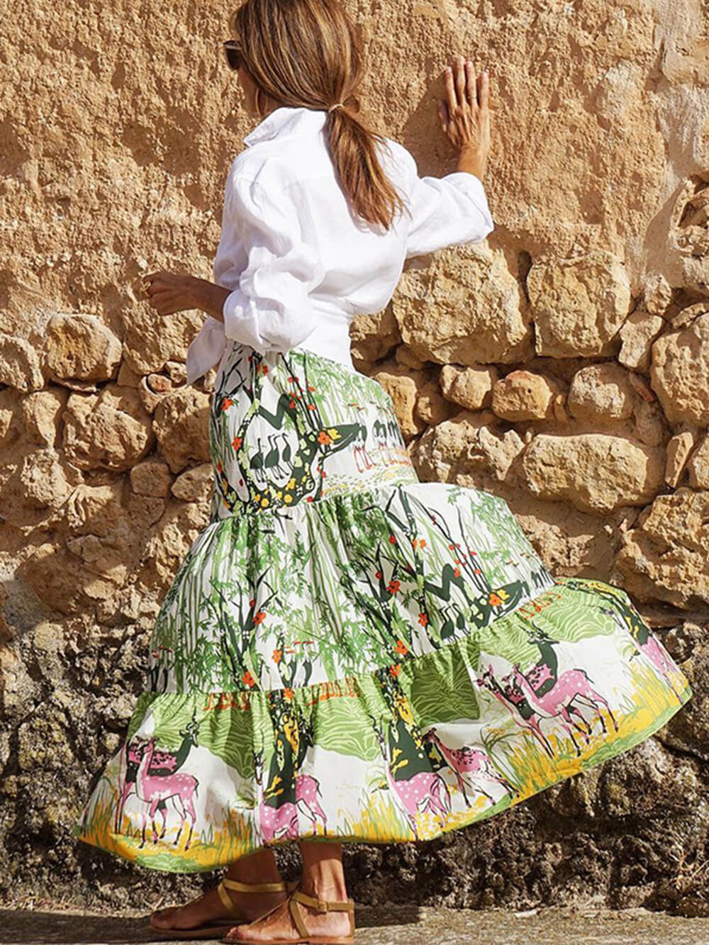 Printed Waist-High Hem Mid-Length Skirt - Fashionpara