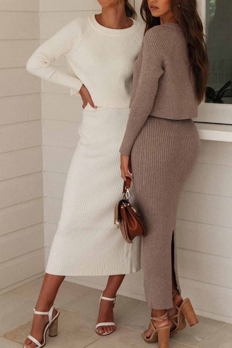 Knitted Solid Color Sweater Skirt Suit  Fashionpara