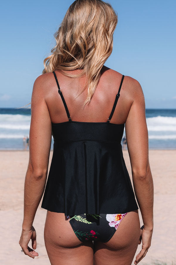 Cute Flower Print Ruffle Hem Tankini Set