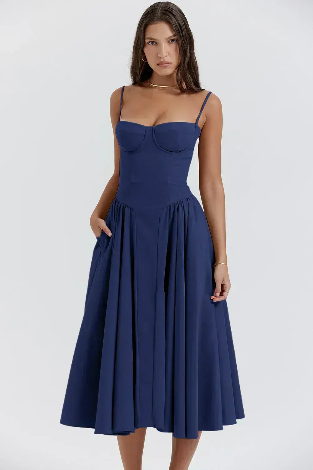 Spaghetti Strap Corset Bodice Pleated Fit and Flare Midi Dress - View 12