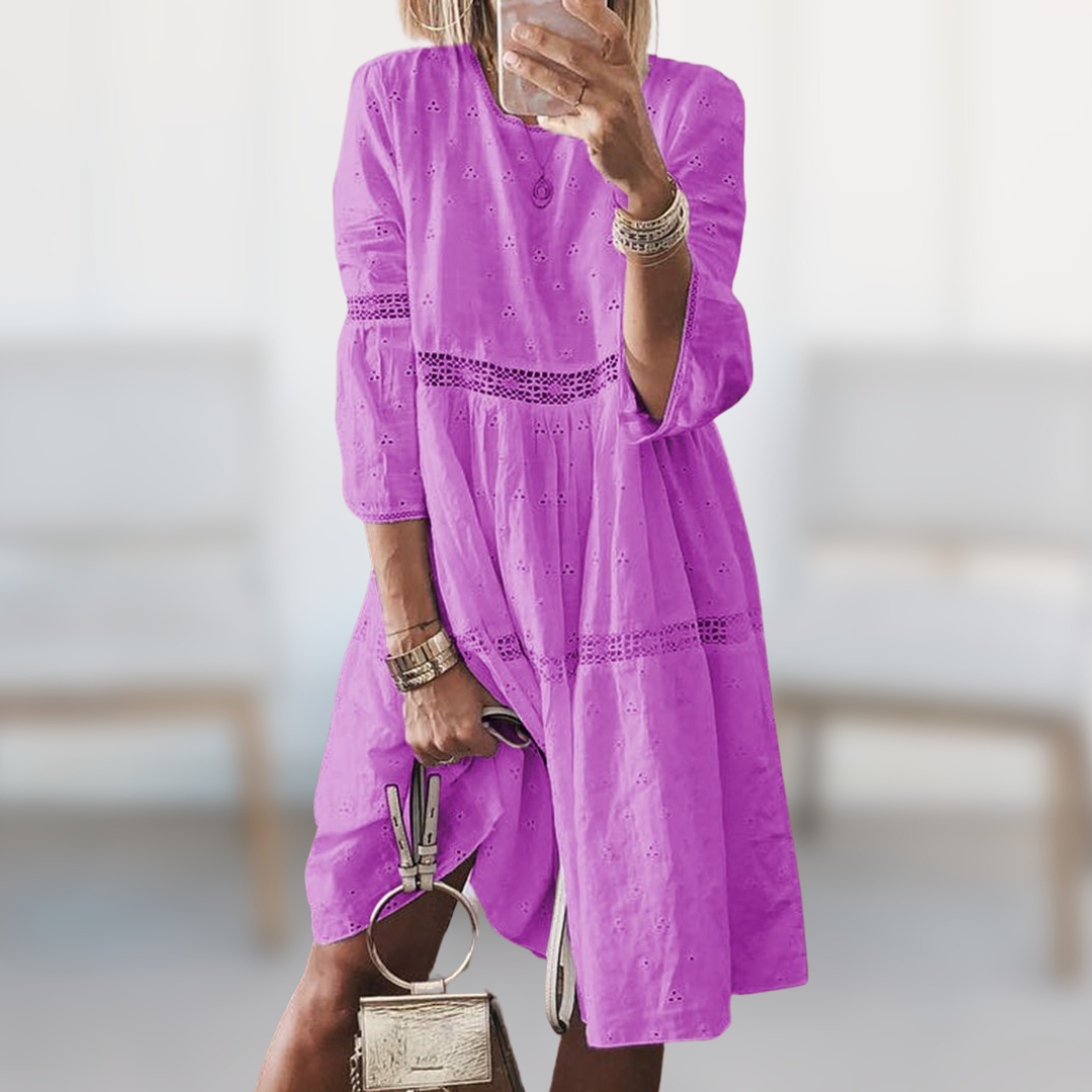 Eyelet Round Neck Tiered Babydoll Mini Dress