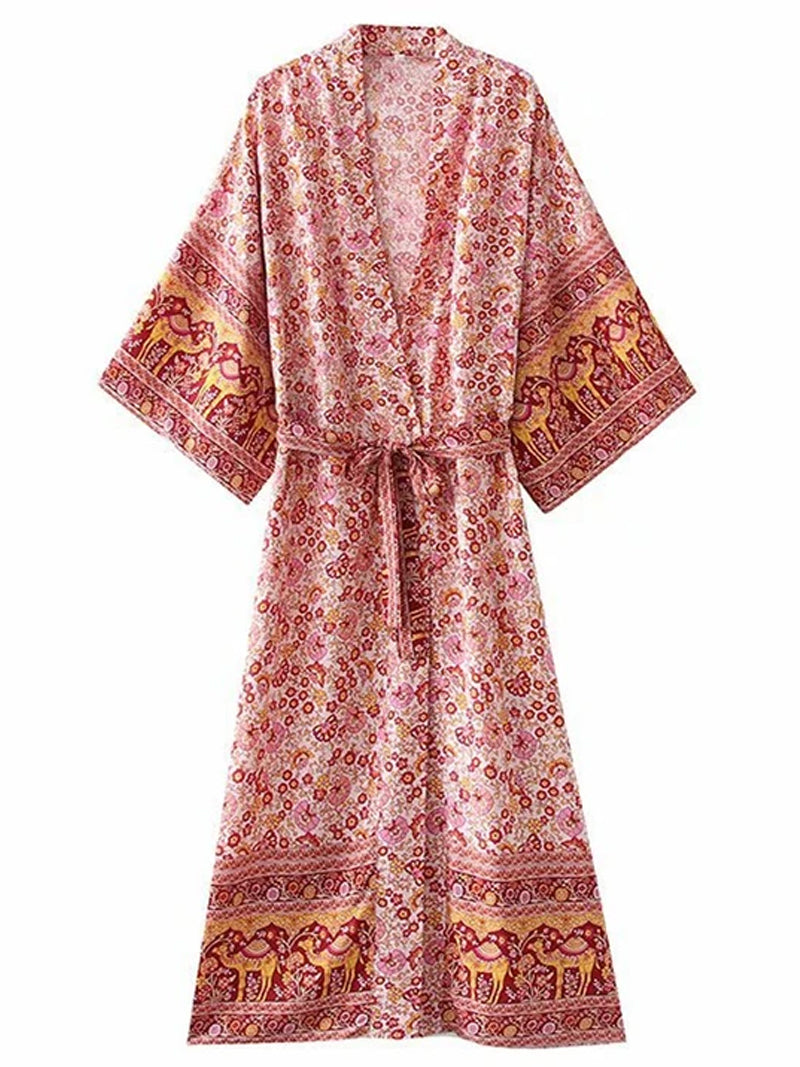 Printed Pink Color Cotton Long Length Gown Kimono Duster Robe - Fashionpara