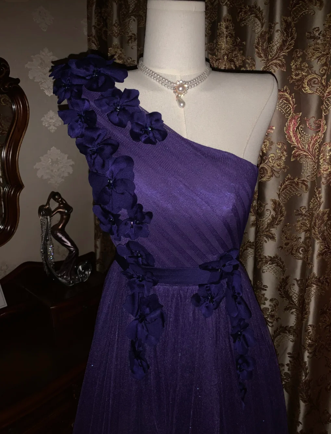 Elegant Purple One Shoulder Tulle Appliques A Line Wedding Guest Dress Long Party Dress D1721
