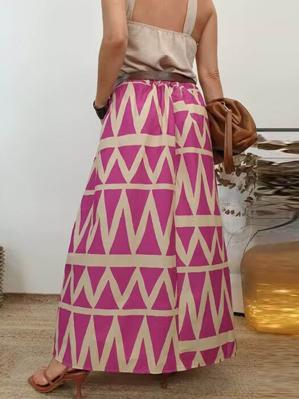 Triangle Printed Back Waist Elasticated Pocket Maxi Skirt - Fashionpara