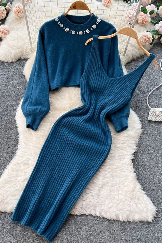 Elegant Pearl Knitted Sweater and Strap Dress Two Piece Set
