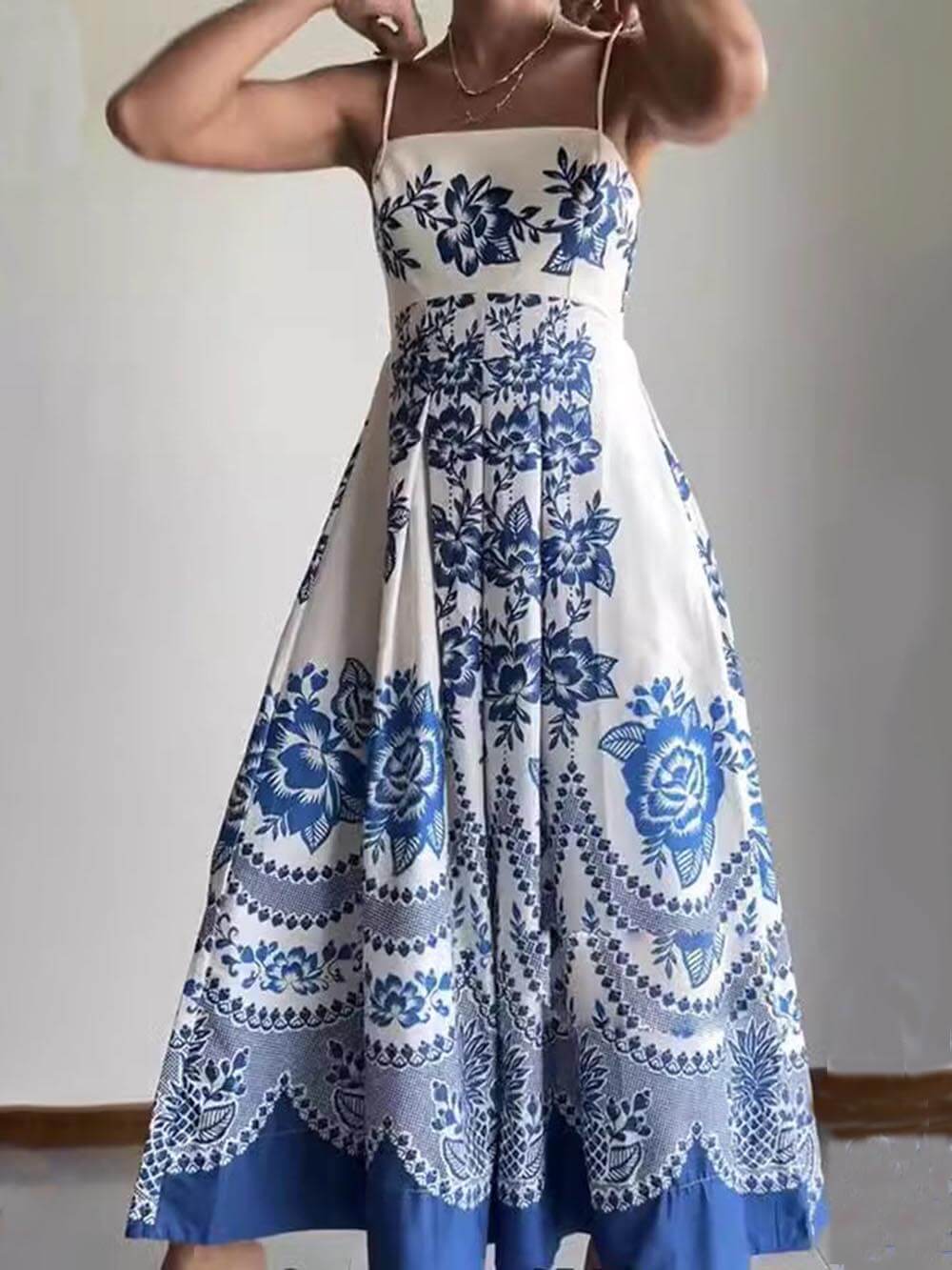 Floral Print Square Neck Sleeveless Pleated Maxi Dress