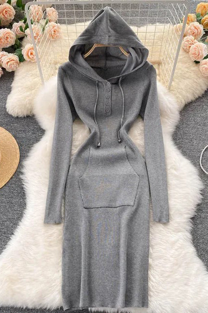 Orro Shop Hooded Buttoned Bodycon Knitted Sweater Dress