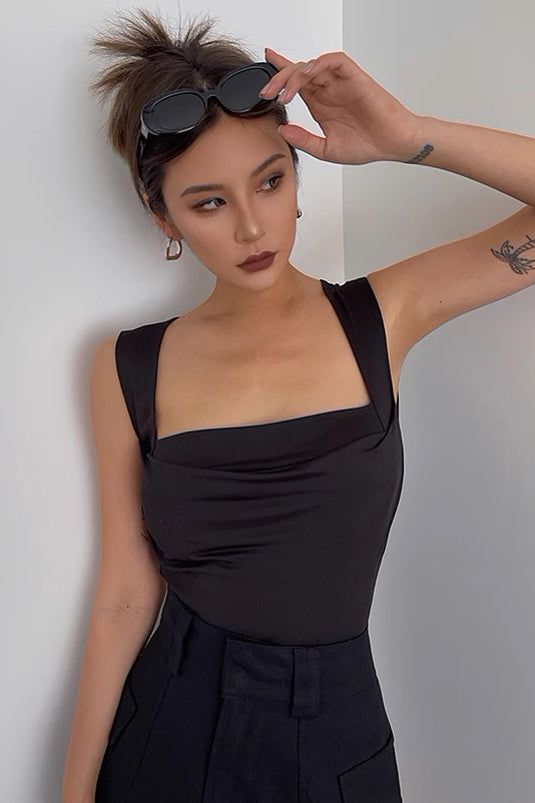 Sleeveless Pleated Suspender Square Collar Vest Tank Top