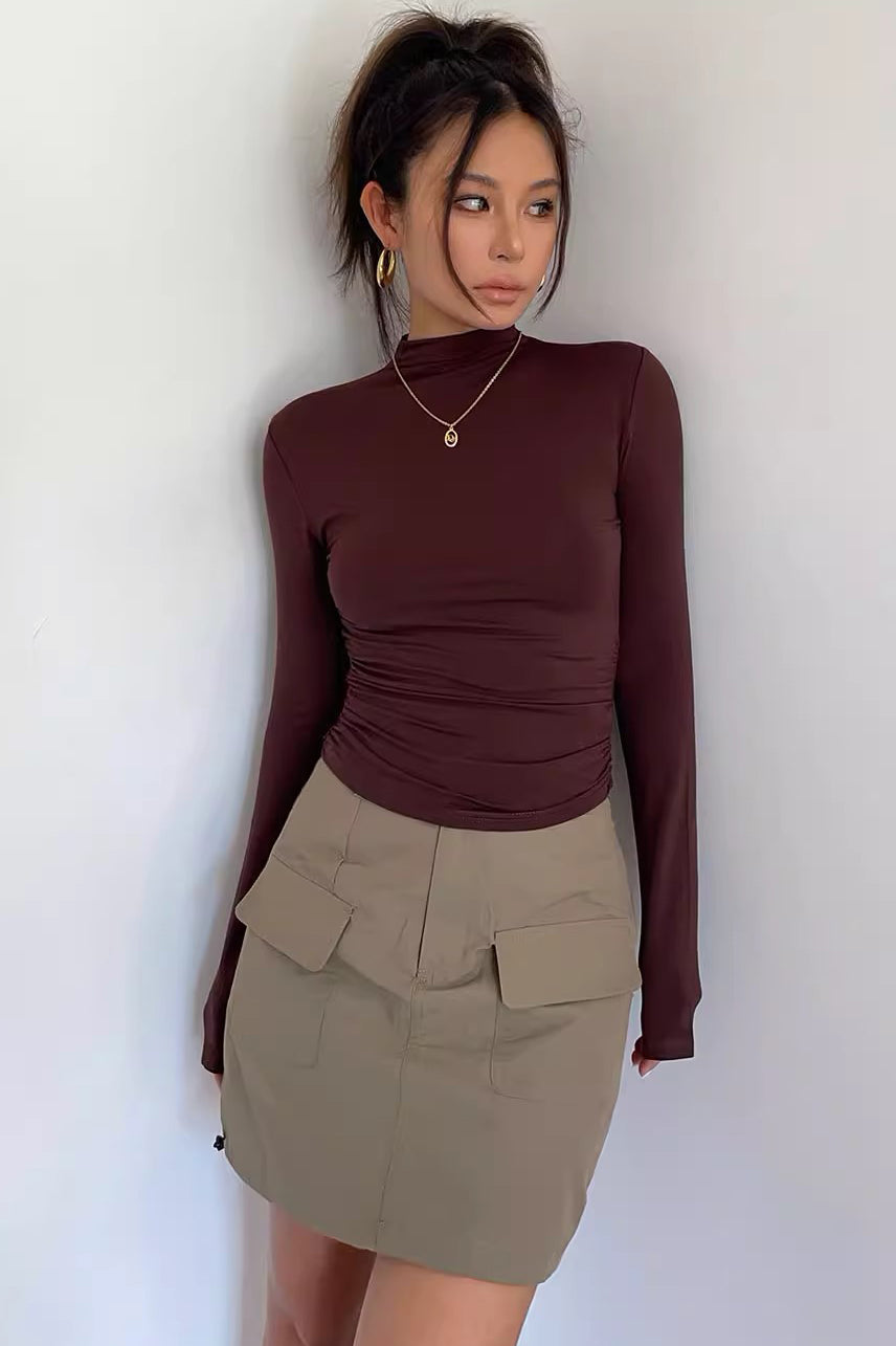 Half Length Skirt With Side Drawstring A-Line Wrap Hip Skirt