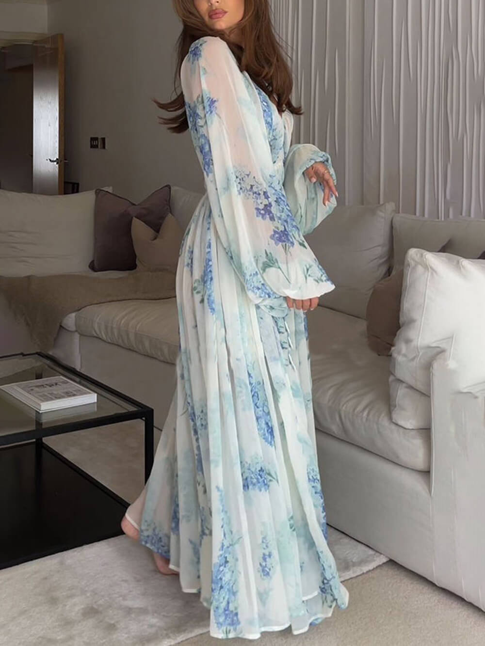 Ocean Flower Chiffon Floral Drawstring Waist Maxi Dress - Fashionpara