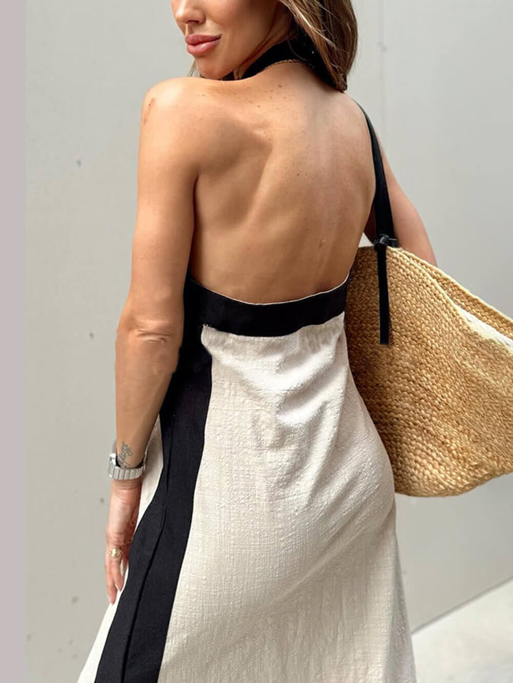 Color Block Halter Neck Slit Maxi Dress - Fashionpara