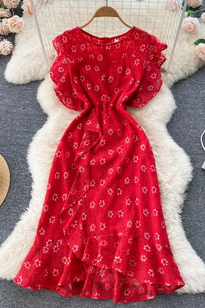 Romantic Lace Embroidery Party Dress Elegant High Waist Ruffles Bodycon Dress