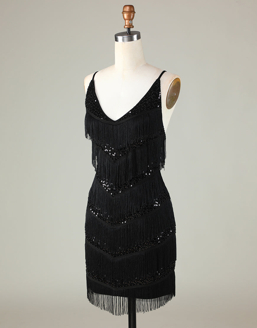Gorgeous Black V-Neck Tight Tassel Homecoming Dress - Fashionpara