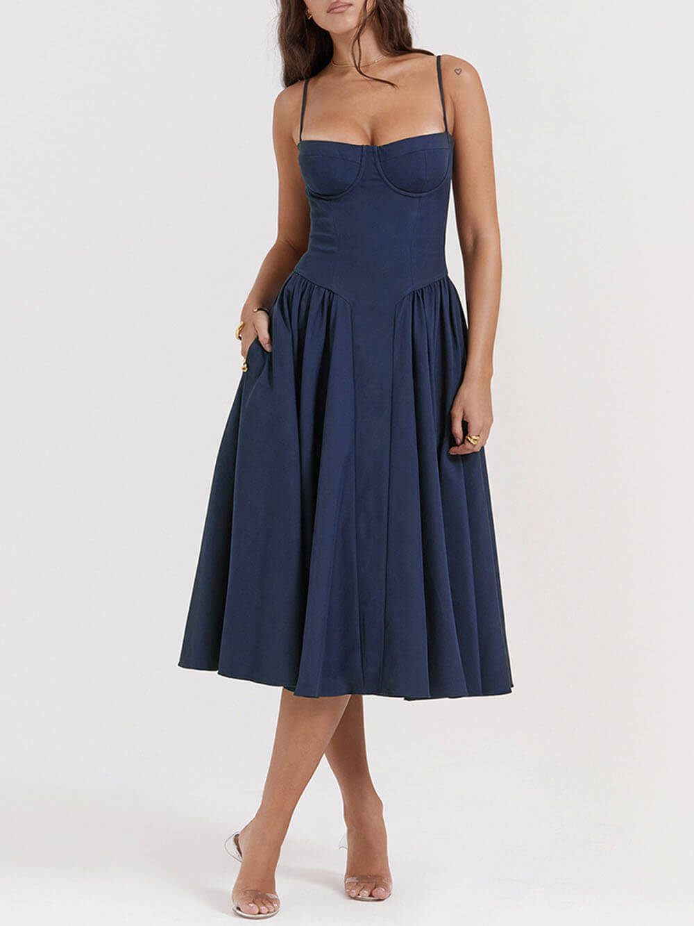 V-Neck Strapless Midi Dress - Fashionpara