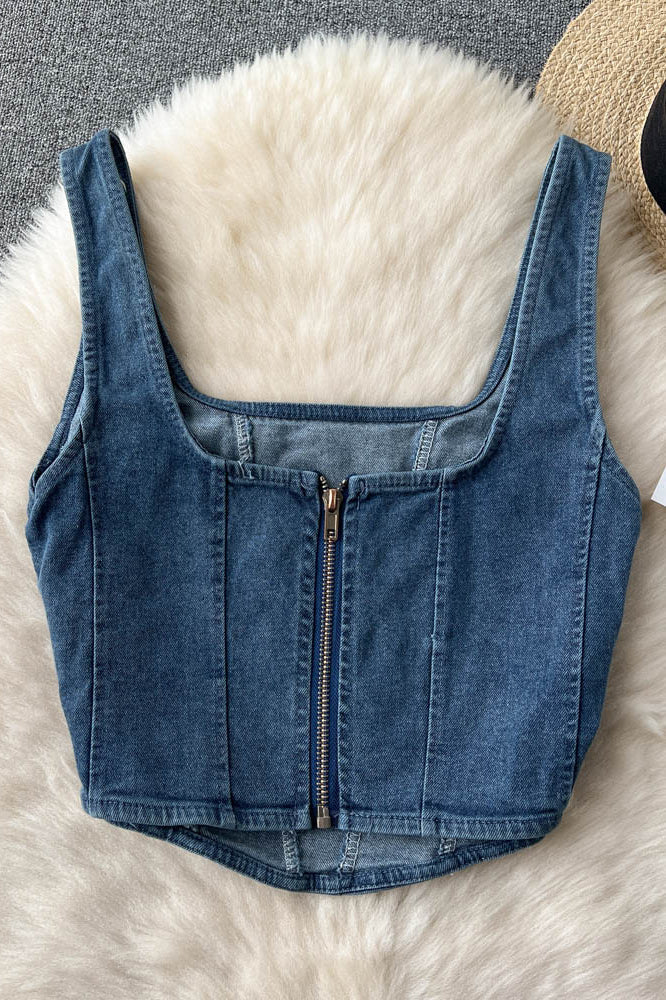 Denim Design Camisole Square Neck Zipper High Street Ladies Tank Top