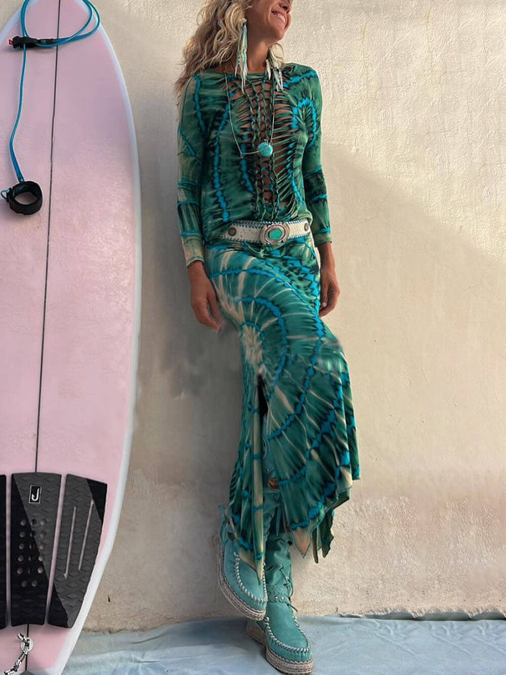 Tie-Dye Print High Rise Stretch Slit Skirt - Fashionpara