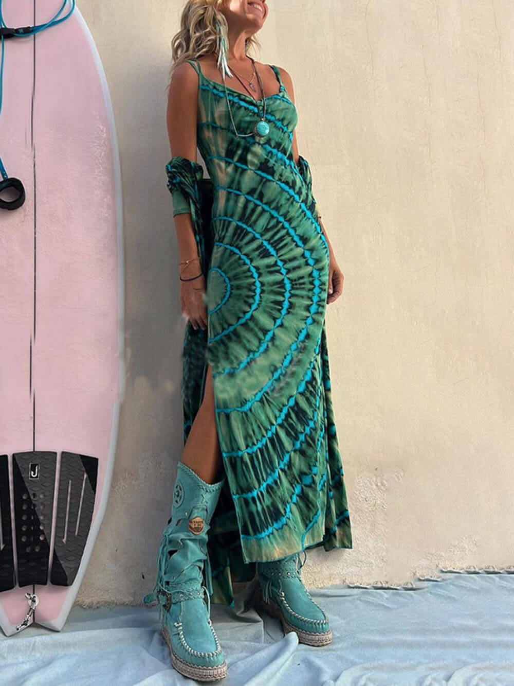 Boho Tie-dye Print Slit Midi Dress - Fashionpara