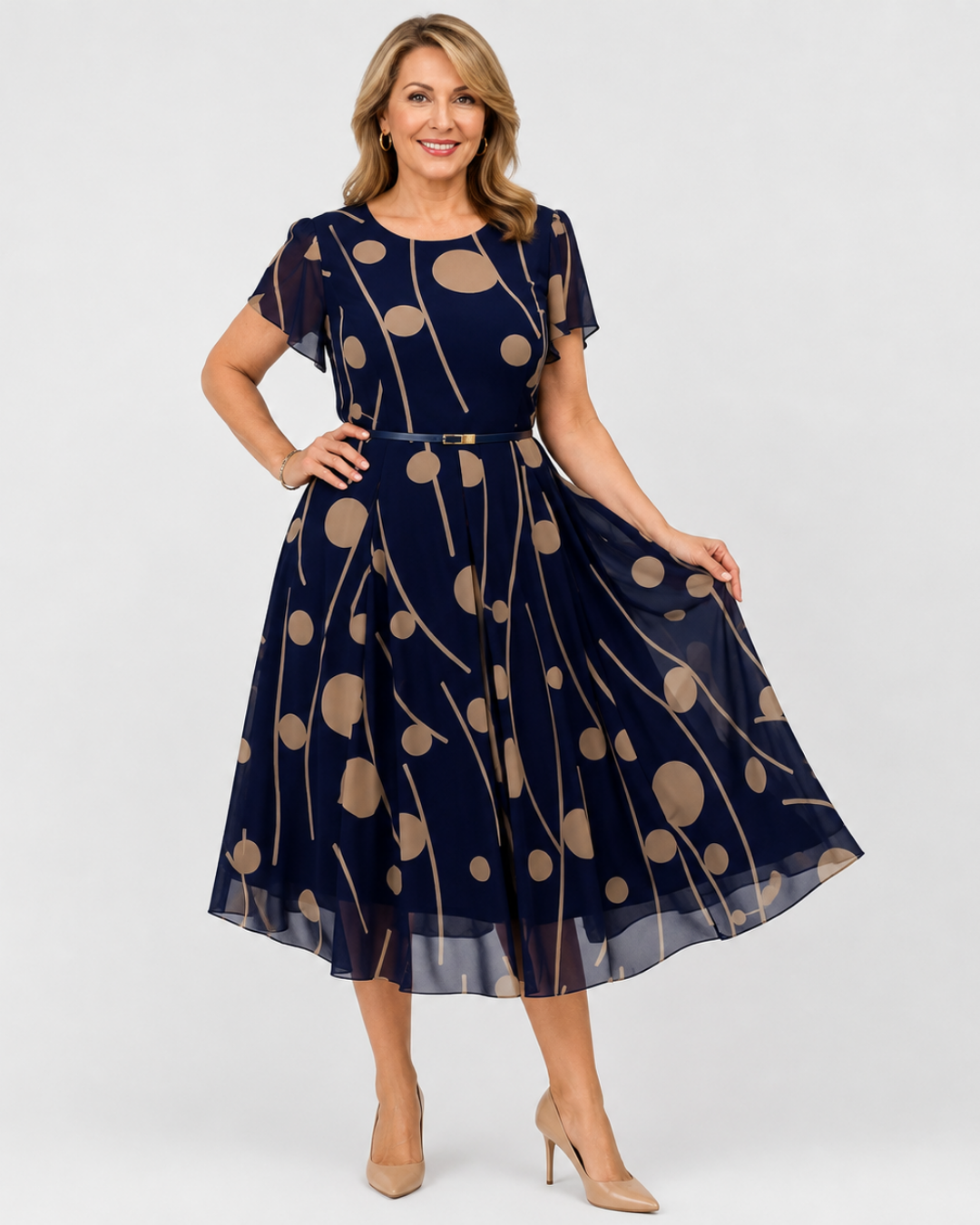 Polka Dot Print Short Sleeve Belted Midi Dress 2